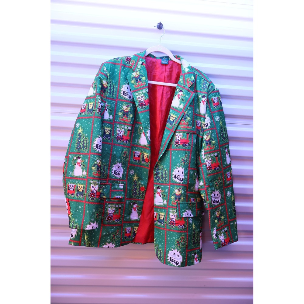Mens Christmas Holiday Blazer Jacket Green Yeti Snowman Train XL Festive Party
